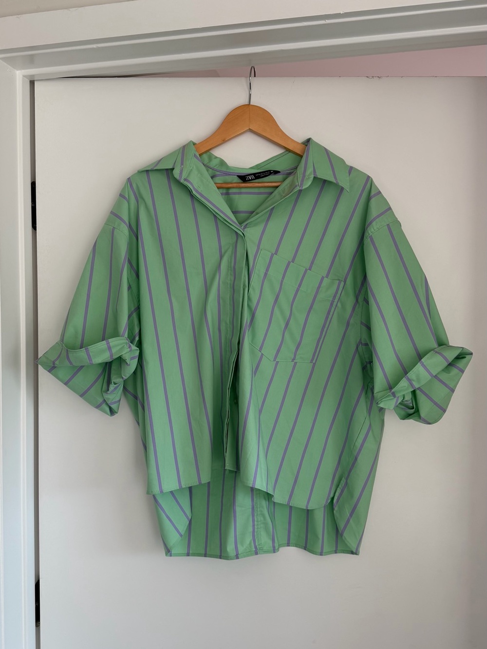 Zara Green & Purple Striped Oversized Button-Up Shirt XL